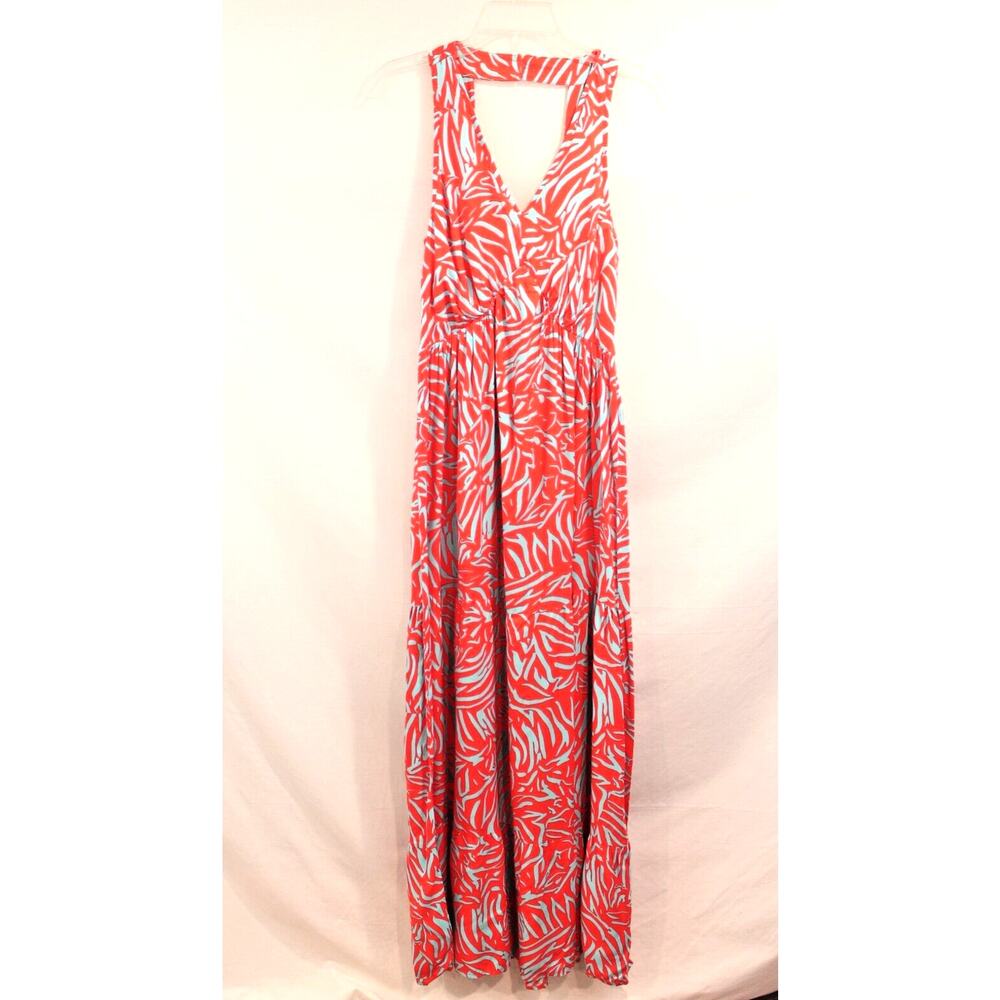 Womens Rayon Maxi Dress size M Red Blue Lined Geometric Smocked Back Boho Chic - Picture 4 of 11